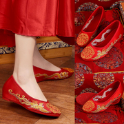 红色秀禾鞋新娘复古中式婚鞋龙凤，结婚坡跟布鞋婚宴内增高女单鞋