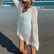 欧美亚马逊宽松沙滩罩衫跨境外贸，女装镂空针织罩衫喇叭袖沙滩裙