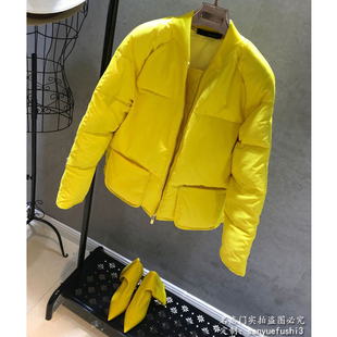 欧洲站冬装女2024欧货面包服韩版修身黄色，短款轻薄羽绒服外套