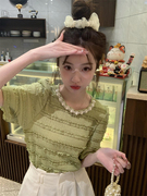 韩版洋气钉珠圆领短袖t恤女夏2023甜美蕾丝拼接女士百搭上衣