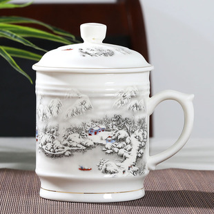景德镇陶瓷茶杯带盖杯子，家用大容量水杯高档办公室青花瓷杯刻字