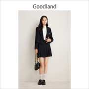 Goodland美地2024复古减龄小黑裙收腰百褶短裙