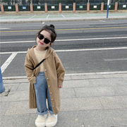韩版女童慵懒风长款针织毛线外套2023秋季咖色单排扣连帽开衫