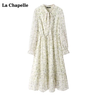 拉夏贝尔/La Chapelle气质收腰雪纺连衣裙女小清新绿色长袖碎花裙