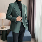 春季韩版修身男士条纹双排扣西服，外套青年休闲潮流，商务西装男单西