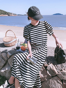 黑白条纹连衣裙女夏季韩版宽松大码学院慵懒风流，行长款t恤鱼尾裙