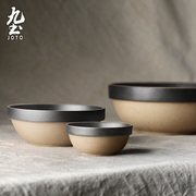 九土手工陶碗套装日式陶瓷碗汤碗面(汤碗面，)碗复古餐具家用钵碗土碗黑色碟