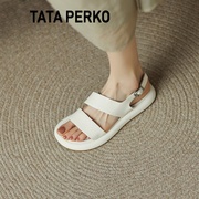 tataperko联名女鞋白色，厚底松糕凉鞋女夏露趾沙滩鞋软底罗马鞋
