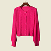 韩版麻花镂空针织开衫，外套春季外搭玫红色毛衣单排扣长袖