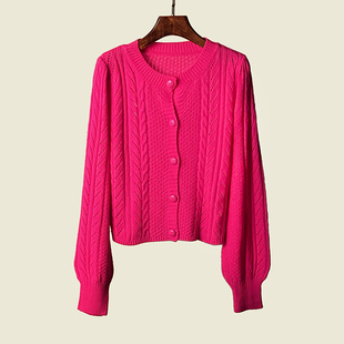 韩版麻花镂空针织，开衫外套春季外搭玫，红色毛衣单排扣长袖