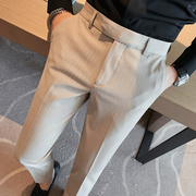 秋冬季垂顺西裤男修身商务正装，直筒浅灰色条纹，西装休闲长裤子厚款