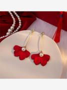 银针红色树叶长款珍珠耳环女 个性镶钻枫叶耳饰925高级感饰品