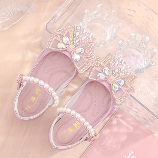 儿童蝴蝶结公主鞋甜美粉色，小女孩水钻单鞋，闪亮银色女童水晶高跟鞋