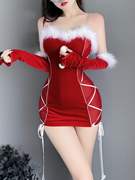 网红圣诞风毛毛领抹胸，连衣裙法式性感小个子收腰显瘦红色包臀短裙