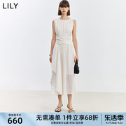 lily2024夏温柔(夏温柔)米色，复古飘逸气质通勤微光无袖高腰连衣裙长裙