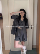 hu2024夏季韩版设计感假两件时尚气质短袖，西装+休闲短裤套装