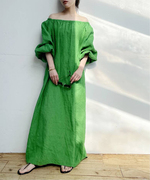 日本复古度假风衬肤显白一字(白一字)领露肩，绿色亚麻连衣裙宽松灯笼袖长裙