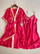 真丝素绉缎吊带裙睡袍两件套 本命年红色桑蚕丝系带家居睡衣套装