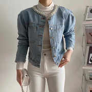 韩国chic2024早春韩版短款设计感泡泡袖订珠长袖牛仔外套开衫