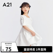 A21outlets童装女童连衣裙夏季花朵方领泡泡袖A字中长裙白色裙子