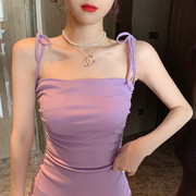 衣服女2024夏装韩版女装性感，褶皱修身抹胸，紫色吊带连衣裙3935