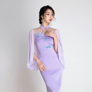 magicq浅紫色天鹅睡莲，十字绣可拆卸披肩，式蕾丝拼接修身显瘦旗袍