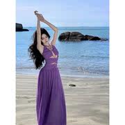 绝美紫色深v挂脖吊带镂空连衣裙，雪纺沙滩裙海边度假气质飘逸长裙