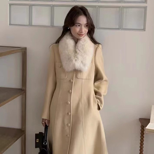 2024韩国东大门冬季双面羊毛大衣狐狸毛领气质高级长款羊毛呢外套