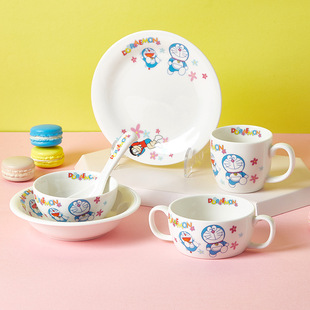 哆啦A梦儿童专用陶瓷餐具套装可爱碗碟小碗宝宝防烫饭碗手柄碗
