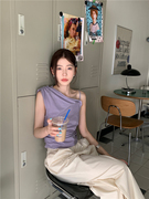 PPSHD无袖上衣夏季女韩系设计感不规则单肩吊带抽褶收腰显瘦衬衫