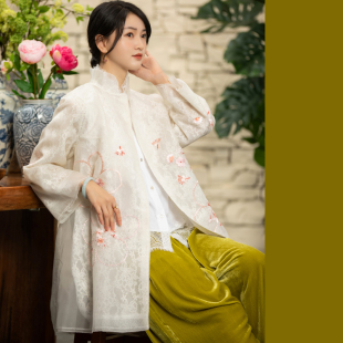JCL1145品质堪比 绣花蕾丝欧根纱新中式复古风衣中长外套外披