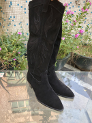 stradivarius牛反毛皮高筒靴，欧美尖头粗跟女靴中跟西部牛仔靴