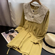 日系黄色长袖圆领连衣裙白色外搭披肩两件套E》12时尚休闲洋气