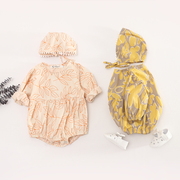 秋季婴儿长袖哈衣抽象树叶图案连体衣女宝宝洋气三角包屁爬服