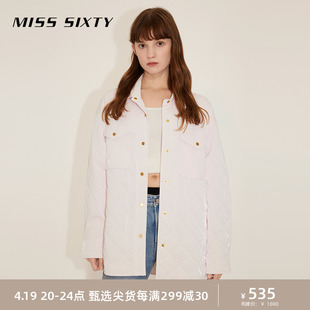 Miss Sixty2023冬季棉服外套女浅粉色菱格宽松中长夹棉衬衫式