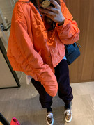 已定韩国2023秋冬季橙色短款薄款洋气军绿色棉服棉衣外套