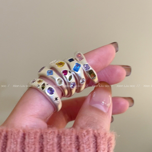 金属彩色锆石爱心戒指，女小众设计食指，戒开口可调节指环2022年