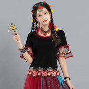 夏季时尚年轻少女民族风复古绣花喇叭袖T恤显瘦中国风上衣QN
