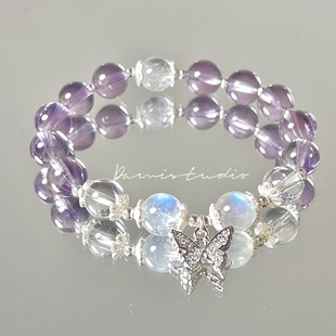 上岸天然紫水晶蓝月光石白水晶(白水晶)纯银，手链手串女闺蜜生日礼物