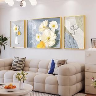 现代简约客厅装饰画蓝色奶油风，郁金香沙发背景墙挂画三联墙面壁画