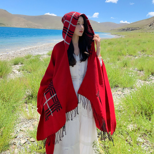 大红色披肩外搭女2024夏季带帽斗篷披风海边度假旅游拍照穿搭
