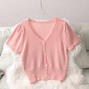 夏季甜美温柔风法式泡泡袖，v领粉色短袖薄款针织，开衫短款t恤上衣女