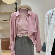 粉色衬衫女秋季叠穿磨毛外套设计感宽松休闲棉质时尚韩版打底上衣
