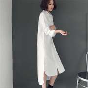 2024韩版春季韩版白衬衫女长袖韩范长款宽松超长款衬衣女