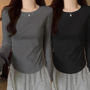 高品质纯棉长袖t恤女秋季2023纯色弧形设计修身百搭短款上衣