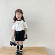 女童露肩短袖花苞裤两件套2023夏季韩版洋气女孩宝宝短袖套装