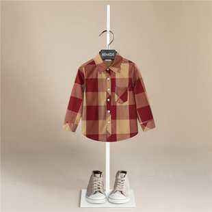 伯米吉春秋男童纯棉方格长袖，衬衫简约百搭英伦风翻领格子衬衫1490