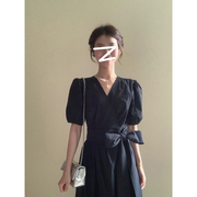法式赫本风气质一片式连衣裙女夏季韩系简约绑带短袖长裙子小黑裙
