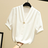 白色衬衫女短袖雪纺衫2023夏装，韩版v领套头上衣洋气小衫衬衣