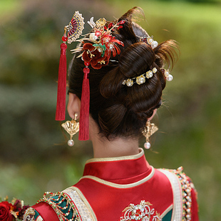 秀禾头饰绒花长流苏发簪旗袍头饰新中式减龄龙凤褂头饰女新娘秀禾